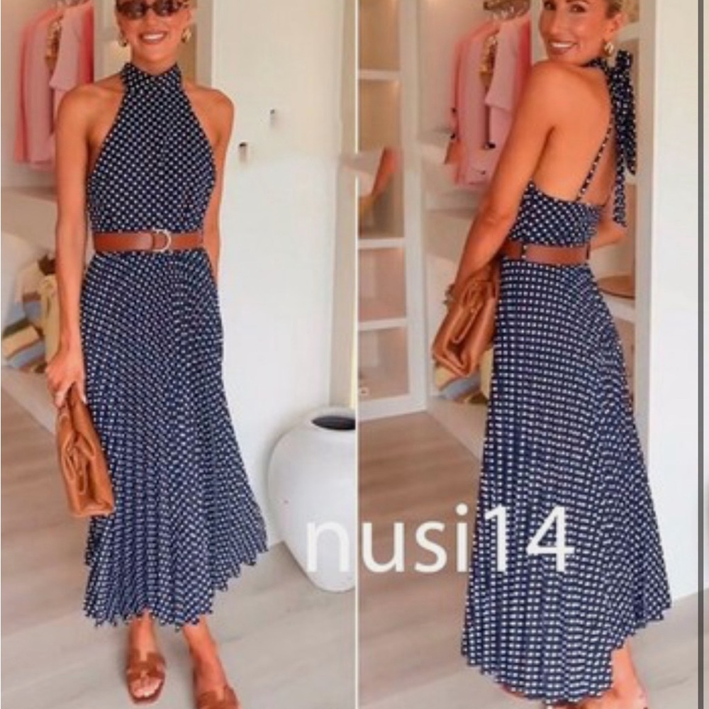 NWT Zara Women’s Polka Dot Midi Halter Dress Blue & White Belted XS 3555 - Picture 12 of 12